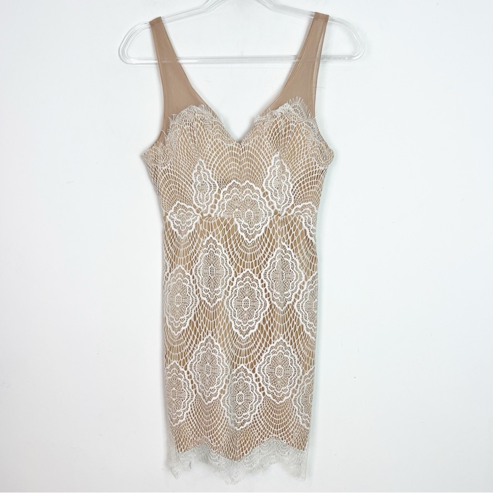 L’ATISTE BY AMY BUFF TAUPE LACE FRONT NUDE LINED SLEEVELESS DRESS WOMENS SMALL